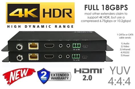 4K HDR HDbaseT Long Range HDMI Extender Kit 330ft 100m ETHERNET 18GBPS Single CAT5e CAT6 CAT7 2.0B 4K @ 60hz UltraHD YUV 4:4:4 Uncompressed Transmitter Receiver IR RS232 HDCP2.2 CONTROL4 Savant