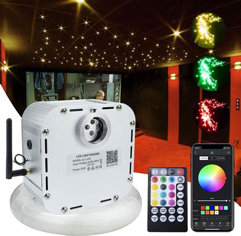 AMKI 32W Bluetooth Controlled Twinkle LED Remote RGB 4-Speed Fiber Optic Star Ceiling Kit Shooting Stars Effect Light + Crystal + Mix Size Fiber Optical Cables (0.75mm+1mm+1.5mm) 16.4ft Long 800pcs