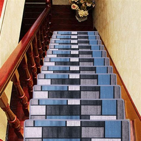HQCHOOSE Stair Treads Carpet 13 PCS Non Slip Stair Mat 8" x 30" for Wooden Marble Step Blue Grey Staircase Runner Rug with Safety Anti Skid Grips Back [ Extra Tape Provided ] Kid Elder Pet Friendly