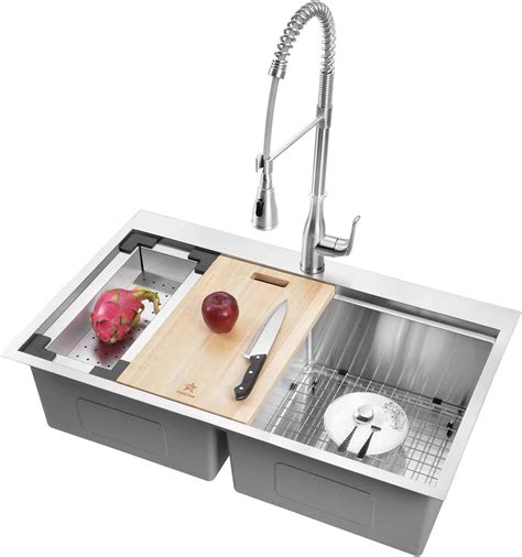 STARSTAR Workstation Ledge Drop-in/Topmount Double Bowl 304 Stainless Steel Kitchen Sink, With Two Grids, Colander, Cutting Board, Two Strainers (36 x 22 x 10 50/50)