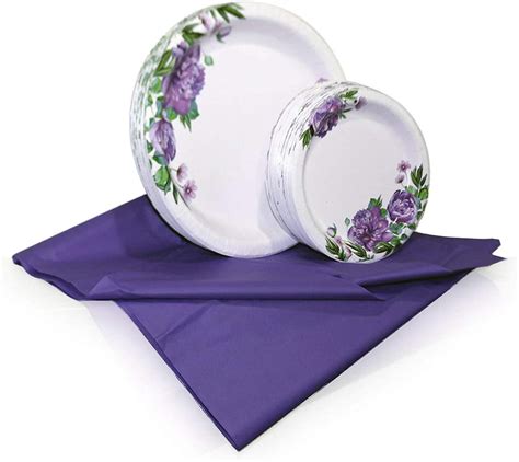 Free Shipping 🛒 Tiger Chef Purple Peony Disposable Plate Paper Dinnerware Set for 48 Guest, Includes 48 10-inch and 7-in Paper Plates and 1 Plastic Tablecloth 54x108-in, Party Pack Tableware, Wedding, Birthdays