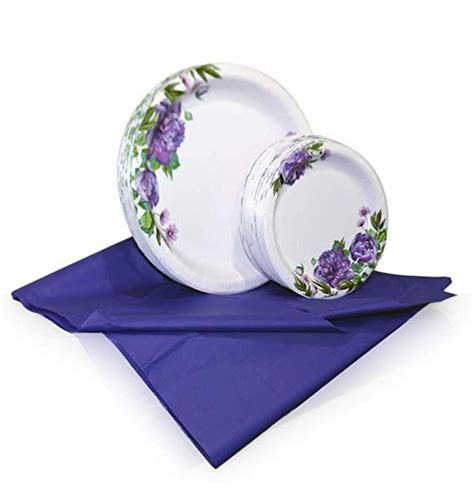 Free Shipping 🛒 Tiger Chef Purple Peony Disposable Plate Paper Dinnerware Set for 48 Guest, Includes 48 10-inch and 7-in Paper Plates and 1 Plastic Tablecloth 54x108-in, Party Pack Tableware, Wedding, Birthdays