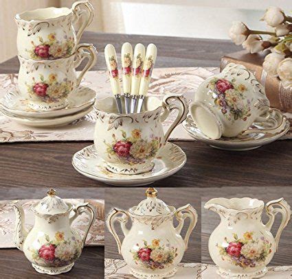 ufengke 4 Piece Creative European Luxury Tea Set, Ivory Porcelain Ceramic Coffee Set With Metal Holder, Hand Painted Red And White Rose Flower, For Wedding Decoration